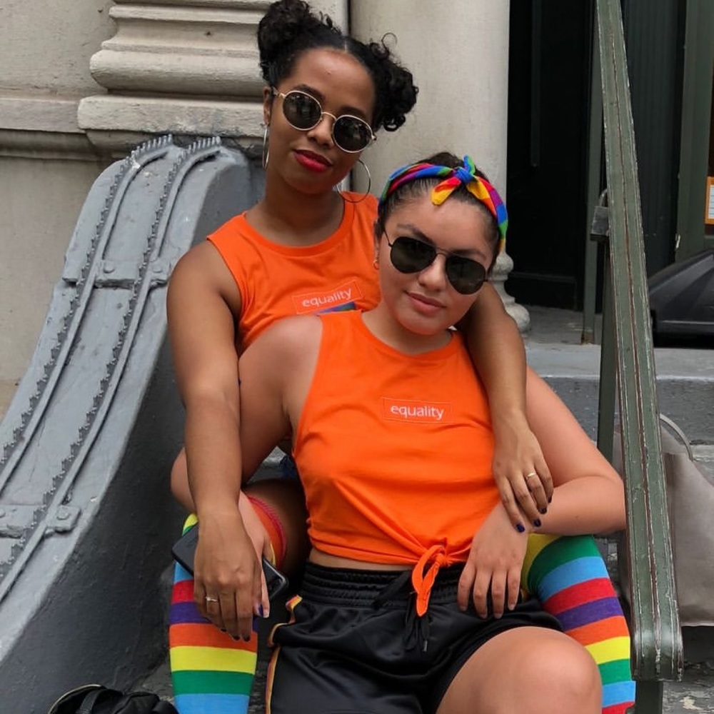Orange muscle tee w/ words equality and tie front